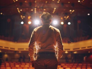 Obraz premium A person stands in front of a stage, possibly preparing for a performance or presentation