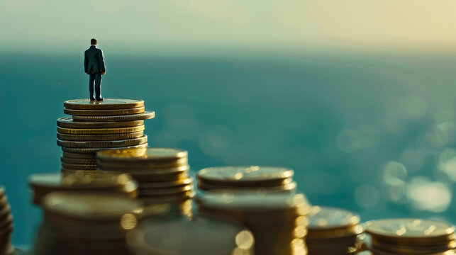 A model of a businessman stands on stacks of money, representing financial prosperity and achievement. - Powered by Adobe