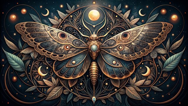 Intricate death moth polygonal design intertwined with ornate moon phases engraving in luxury bohemian style with esoteric paranormal astrological undertones.