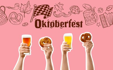 Card with word OKTOBERFEST and hands holding beer and pretzels