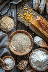 A wooden table featuring multiple bowls filled with different types of bread, perfect for a rustic breakfast or snack setting