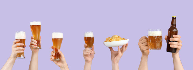 Many hands with beer and chips on lilac background