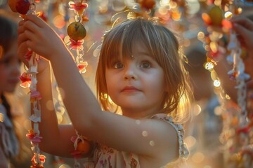 Sukkot (Jewish holiday). A photo of children hanging up traditional decorations like paper chains and fruit in the sukkah, showcasing the joy and excitement of participating in the holiday traditions.