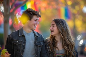 Fototapeta premium National Coming Out Day (USA). A young couple holding hands and laughing, with a background of colorful autumn leaves and a subtle rainbow flag in the corner of the frame.