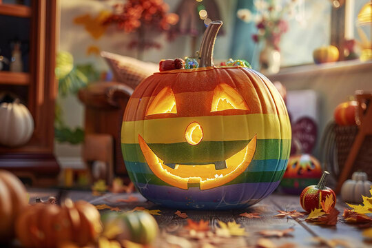 National Coming Out Day (USA). An artistic shot of a rainbow-colored pumpkin carved with symbols representing different LGBTQ+ identities, set against a backdrop of a cozy living room with warm. - Powered by Adobe