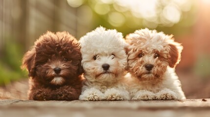 Three Fluffy Puppies Sitting Together in Sunlight