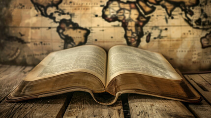 Open holy bible with world map in background.