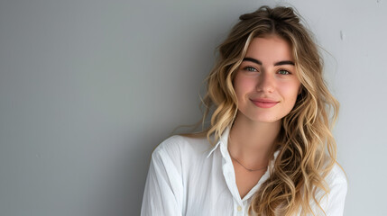 Naklejka premium A happy young professional woman posing alone against a gray wall background