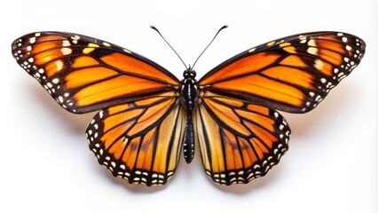 Fototapeta premium Delicate, intricately patterned monarch butterfly with orange and black wings spread wide, perched alone on a pure white background.