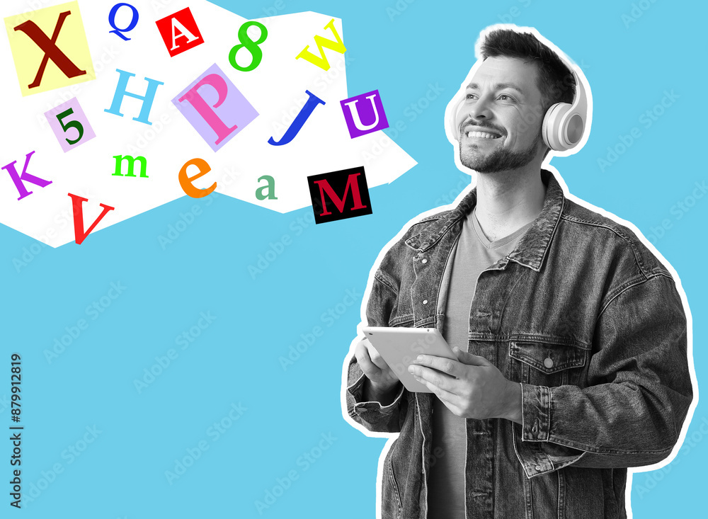 Poster man with tablet computer and headphones on color background