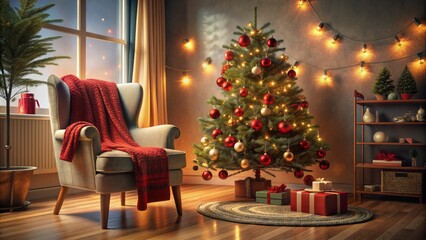 Obraz premium Lonely festive setup with Christmas tree, ornaments, and red sweater on chair, awaiting virtual connection in a cozy winter atmosphere.