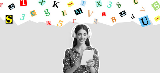 Young woman with tablet computer listening to audiobook on grey background
