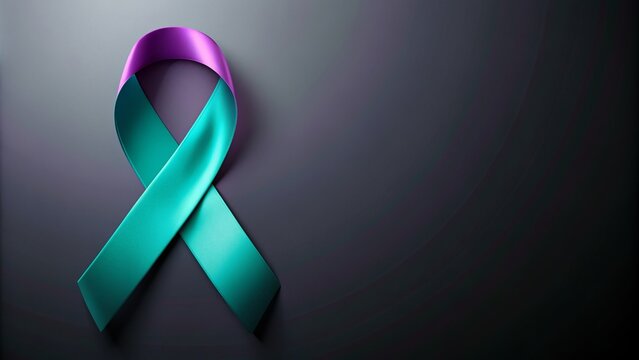 Isolated teal and purple ribbon entwined on a calm dark background, symbolizing hope and support for suicide prevention awareness.