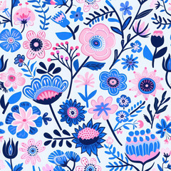 Whimsical blue and pink floral wallpaper, repeating seamless pattern