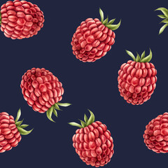 Seamless pattern with sweet ripe raspberry. Hand painting red macro watercolor illustration isolated on background. For designers, menu, shop