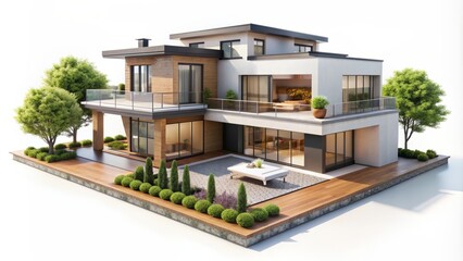Stunning modern three-dimensional solitary house model on a pristine white background, ideal for architectural visualization and real estate marketing.
