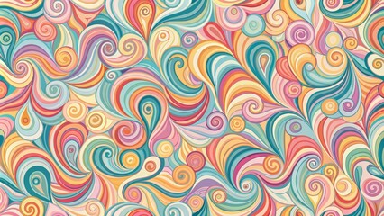Vibrant abstract design featuring swirling curved lines and organic shapes in pastel hues perfect for textiles, wall coverings, and backgrounds.