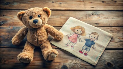 A heartwarming scene of a worn teddy bear and a faded childish drawing on a worn wooden table, conveying fatherly love.