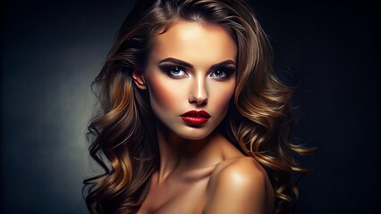 Fototapeta premium Sultry woman with flawless skin and striking features poses seductively against a dark background, ideal for promotional content.