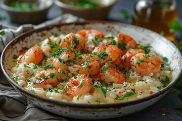 A serving of creamy lobster risotto, garnished with fresh herbs and a drizzle of lemon oil. 