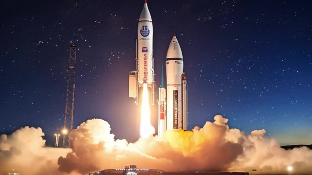 A large rocket is launched into the night sky, with a bright orange flame billowing from their engines.