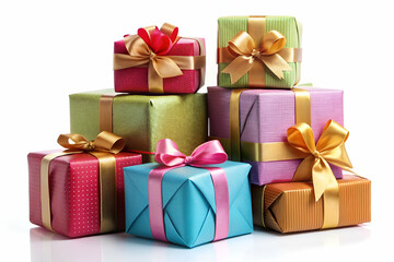 Obraz premium A stack of colorful presents with bows on top. The presents are of different sizes and colors, and they are piled on top of each other. Concept of joy and excitement