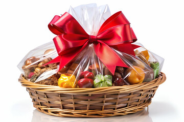 A basket of fruit and nuts is wrapped in red ribbon and placed on a white background. The basket is filled with a variety of fruits and nuts, including apples, oranges, and almonds