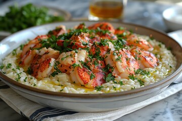 A serving of creamy lobster risotto, garnished with fresh herbs and a drizzle of lemon oil. 
