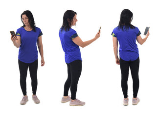 Fototapeta premium front,side and back view of same woman standing and looking her mobile phone on white background