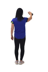 back view of a woman painting  with spray on white background