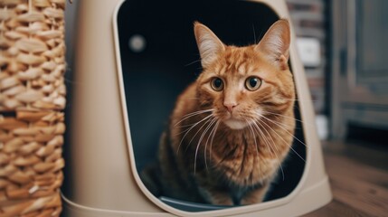 Adorable orange cat beside a dark top entry litter box