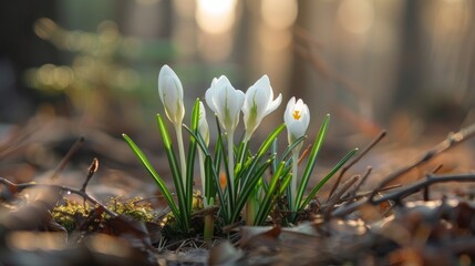 Close up view of white spring flowers with forest background and selective focus on buds Concept of nature background with space for text