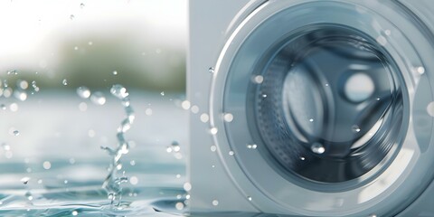 Efficient Water Usage in Washing Machines Tumbling and Spewing Out Water. Concept Water Conservation, Washing Machines, Tumbling Technology, Efficient Appliances, Sustainable Living