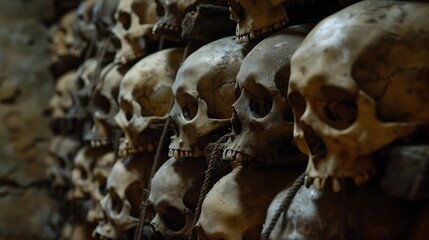 "Bone-Chilling Skull Scene: Eerie Still Life with Atmospheric Lighting and Gothic Undertones, Perfect for Halloween Themes and Horror Concepts"



