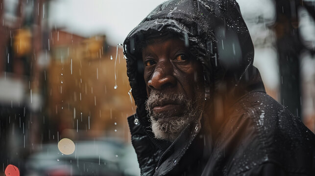 AI Homeless Black Man in Rain - Powered by Adobe