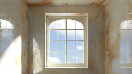   In a room's corner, a window displays a blue sky and clouds in its sill
