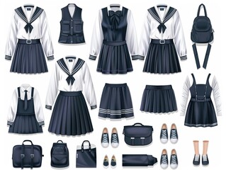 a set of school uniforms, backtoschool attire, realistic illustration, navy blue and white, isolated on white background