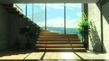   Stairs leading up to more stairs, with a plant beside them