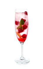 Glass of fresh raspberry mojito on white background