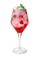 Glass of fresh raspberry mojito on white background