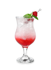 Glass of fresh raspberry mojito on white background