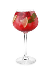 Glass of fresh raspberry mojito on white background
