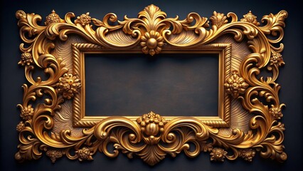 Ornate golden picture frame in baroque style, adorned with intricate carvings and ornamentals, displayed against a rich, velvety dark background.