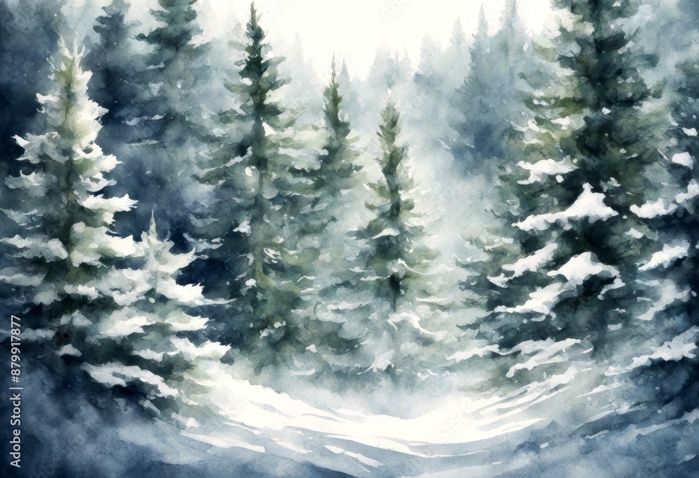 Wall mural spruce nature illustration snowy mysterious winter background pine outdoor watercolor art celebratio