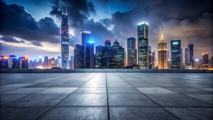 Obraz premium Moody urban landscape featuring dark concrete floor in foreground with sleek, towering skyscrapers and glittering city lights behind.
