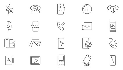  Mobile phone line icon set. Smartphone, global calls, online support, mobile phone, calculate report, chat message and app outline icon collection. UI thin outline icons