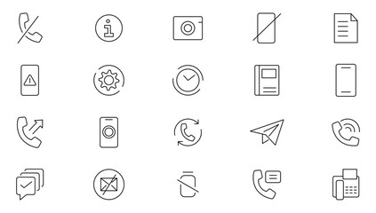  Mobile phone line icon set. Smartphone, global calls, online support, mobile phone, calculate report, chat message and app outline icon collection. UI thin outline icons