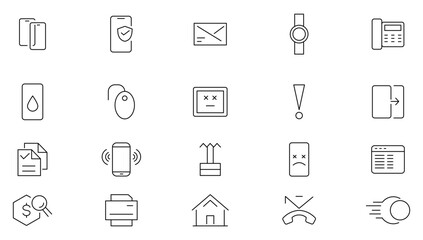  Mobile phone line icon set. Smartphone, global calls, online support, mobile phone, calculate report, chat message and app outline icon collection. UI thin outline icons