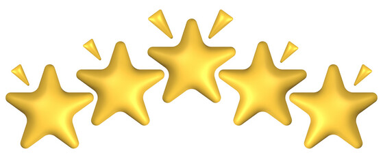 Five yellow volumetric stars on an isolated background, 3D ren