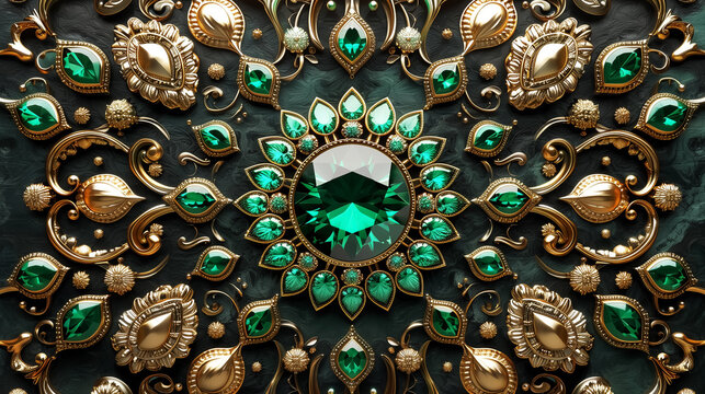 seamless emerald and gold jewelry pattern, fantasy gems texture 